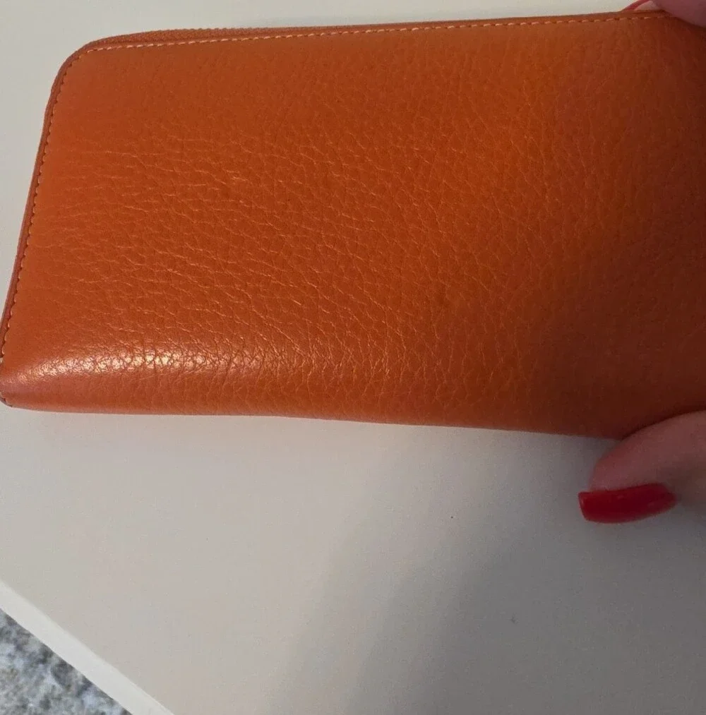 Tory Burch Orange Leather Zip Wallet with Logo Detail